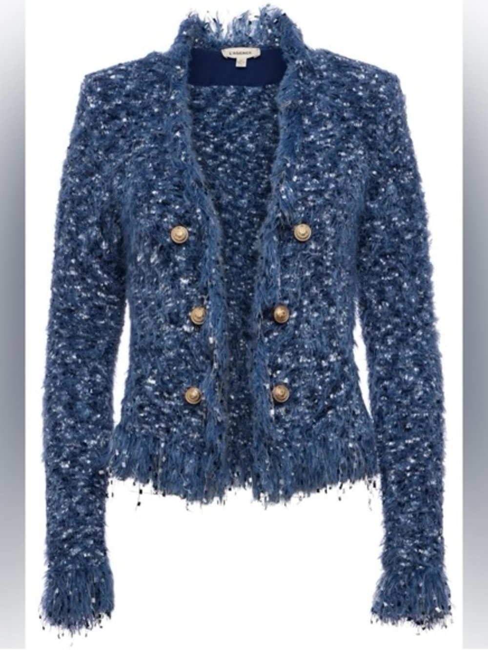 L'AGENCE Blue Textured Fringe Tweed Jacket - Picture 3 of 8